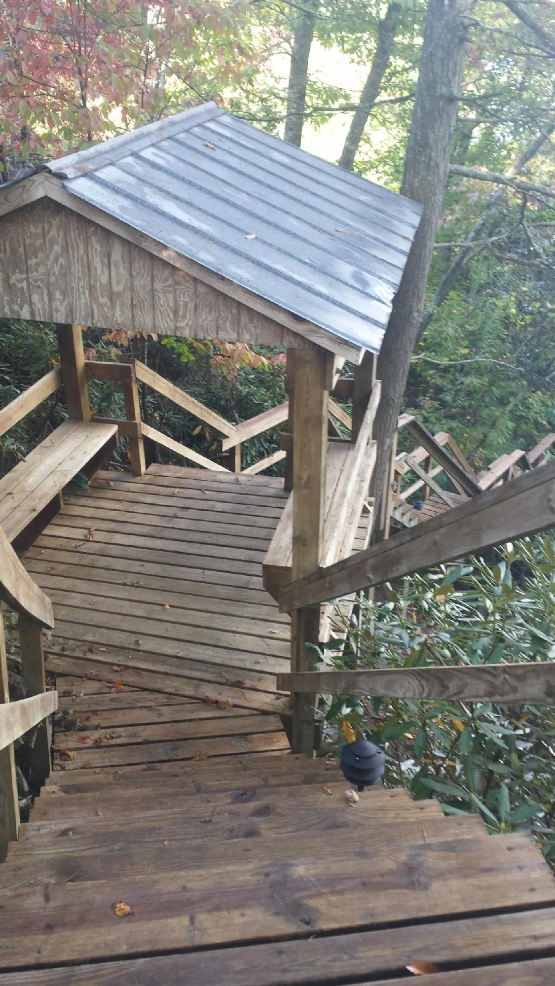 Metal roofed shelter over wooden steps on a wooded walkway — Skylight Repair & Installation work by our crew in Bethel Springs